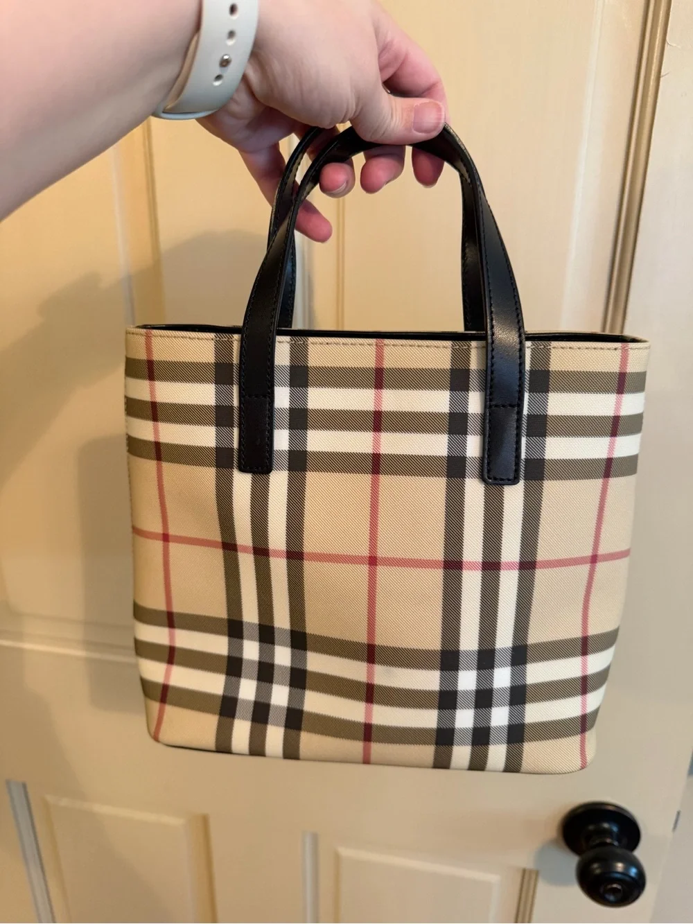 Burberry Beige Mini Tote with Black Handles and Red Accents